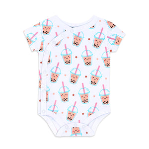 the wee bean organic cotton bodysuit onesie romper kimono style in boba bubble tea