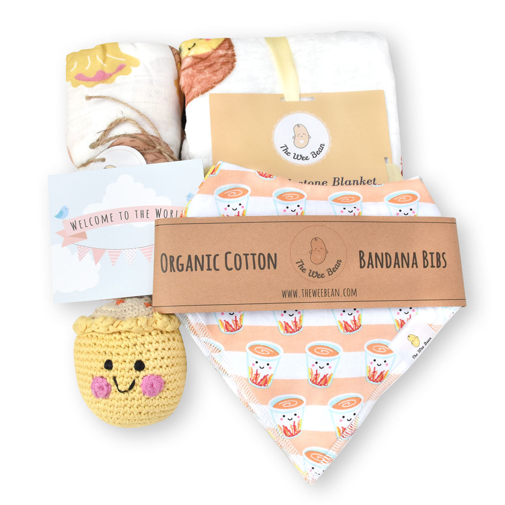 the wee bean taste of hong kong baby newborn gift set milestone blanket organic swaddle fair trade dim sum doll organic cotton bandana bibs