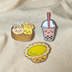 the wee bean 3pcs enamel pins set in Boba Tea, Dim Sum Hargow Siu Mai and Egg Tart on tote bag