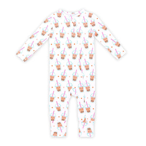 the wee bean bamboo romper with reversible double zipper convertible romper in boba bubble tea