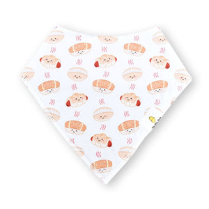 the wee bean super soft organic cotton bandana bibs in bakery bun print with sausage bun, cocktail bun, coconut cream bun