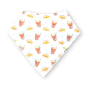 the wee bean super soft organic cotton bandana bibs in bakery bun print with egg sandwich and lemon iced tea cha chaan teng