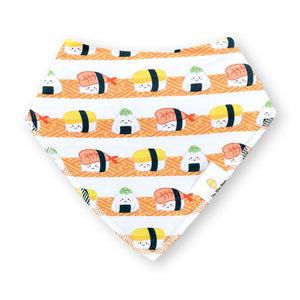 the wee bean organic cotton bib in sushi tamago amaebi nigiri and onigiri