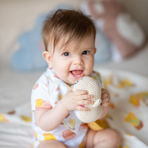 baby teething with the wee bean pebblechild fair trade handmade bean rattle doll for babies and toddlers