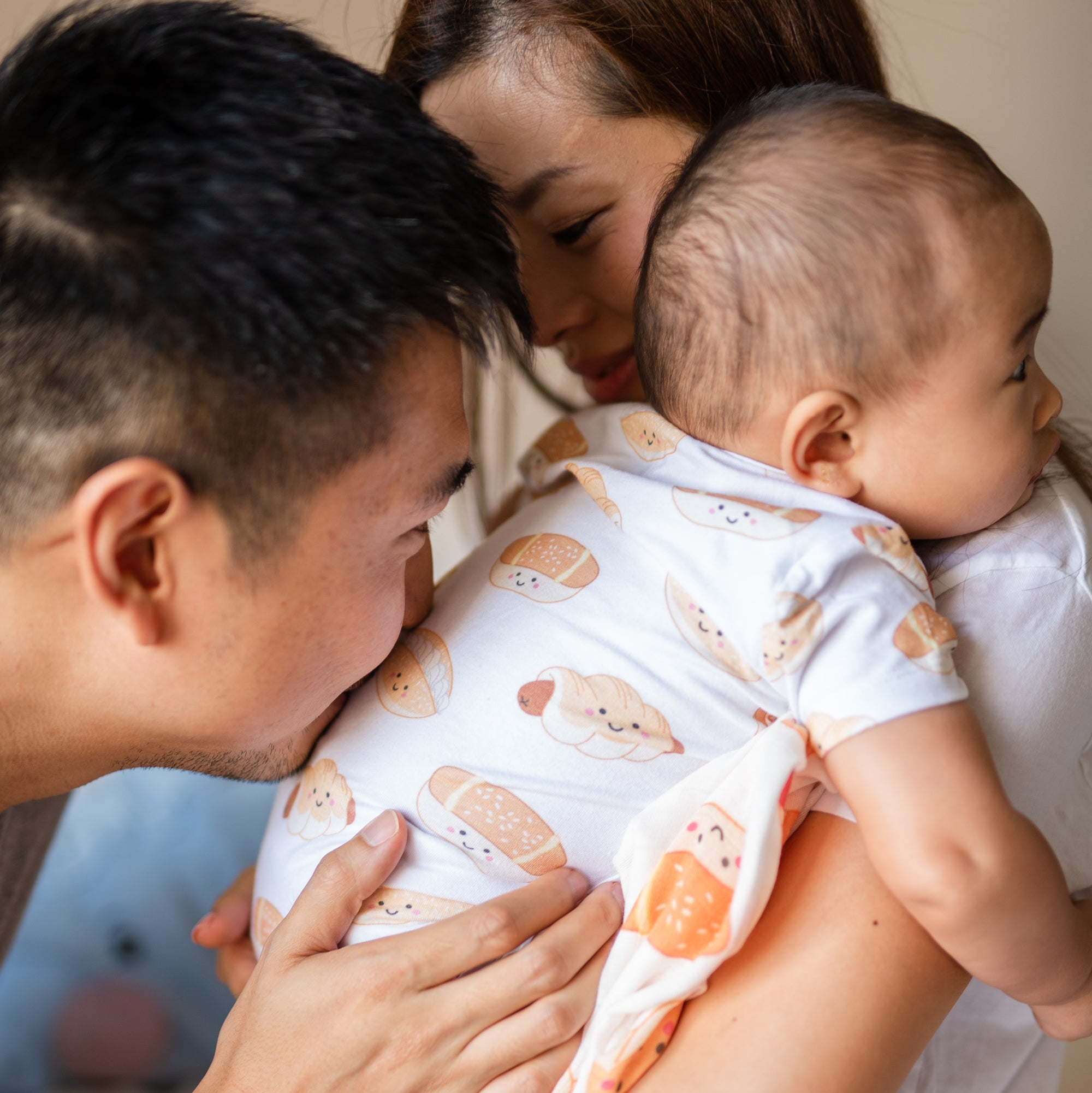 the wee bean organic cotton onesie clothing romper in bakery buns sausage bun cocktail bun coconut cream bun