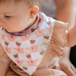 cute baby in the wee bean organic cotton baby bandana bib in mr softee ice cream