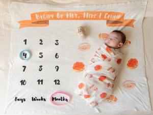 the wee bean super soft baby milestone blanket growth blanket in bakery bun print with sausage bun, cocktail bun, coconut cream bun