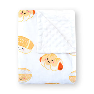 the wee bean super soft baby blanket  folded up minky fleece blanket hong kong foods bakery buns sausage bun cocktail bun coconut cream bun hong kong bakeries