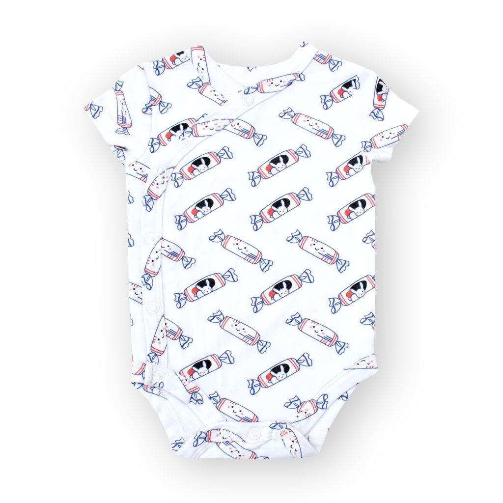 the wee bean baby organic clothing onesies romper in white rabbit candy print