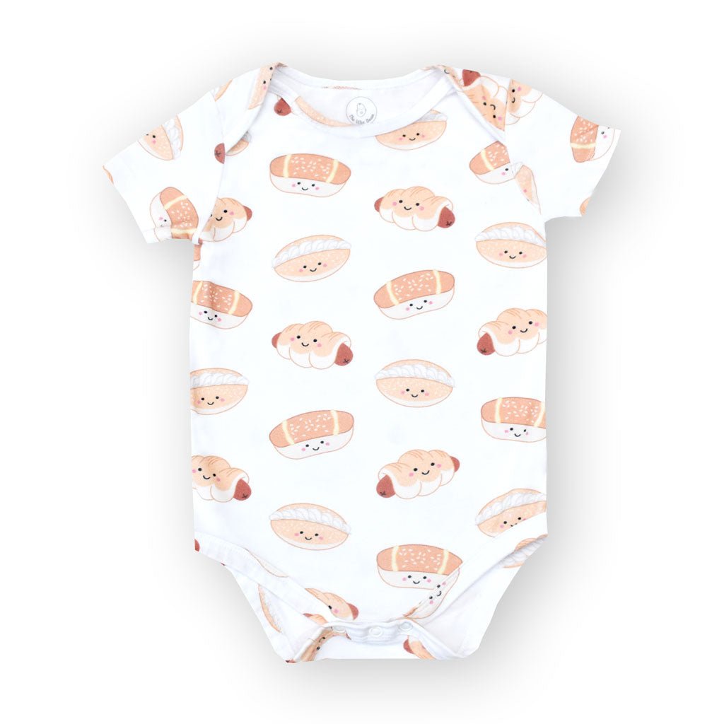 the wee bean organic cotton onesie clothing romper in bakery buns sausage bun cocktail bun coconut cream bun