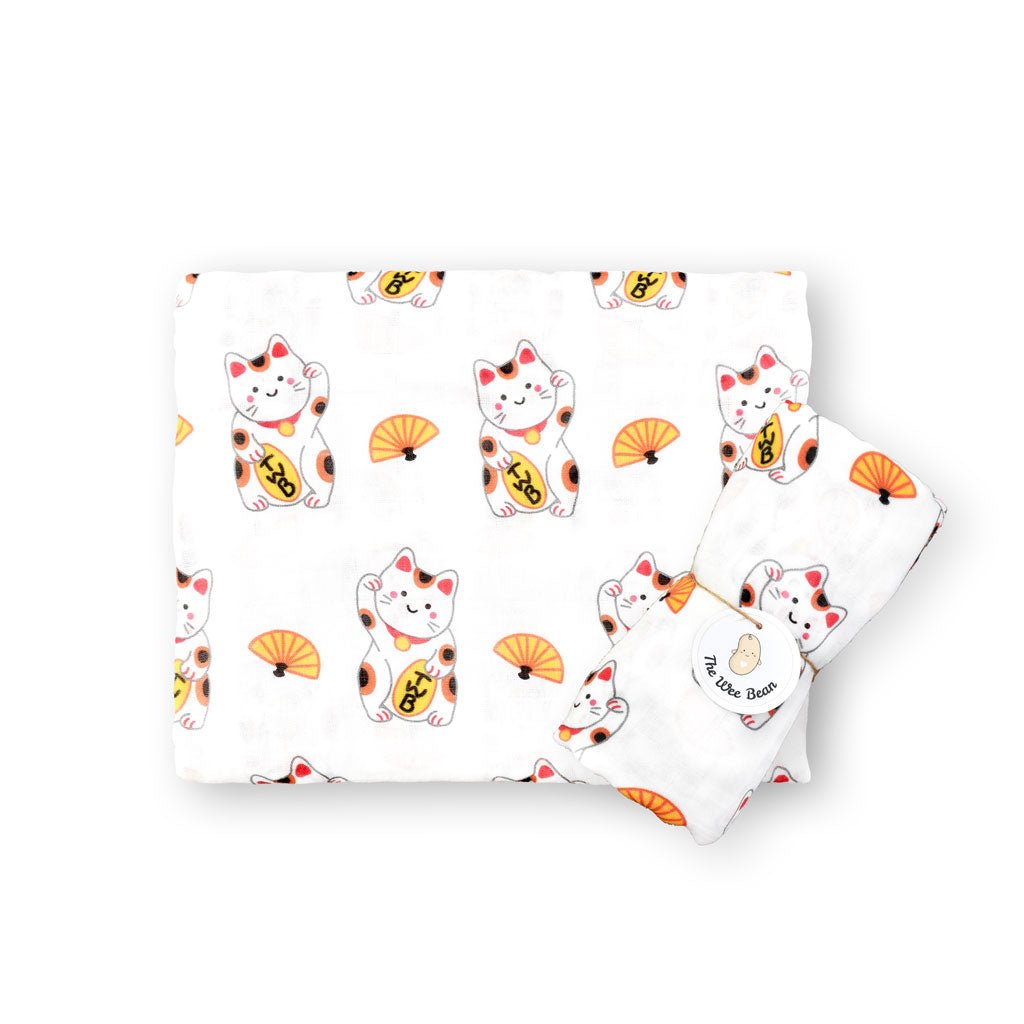 Organic Bamboo Blend Swaddle - Lucky Cat Maneki Neko - The Wee Bean