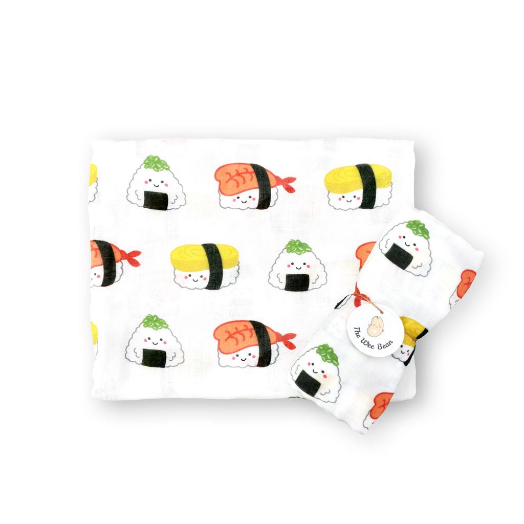 the wee bean taste of japan organic cotton and bamboo swaddle in sushi ebi shrimp and tamago egg nigiri and onigiri