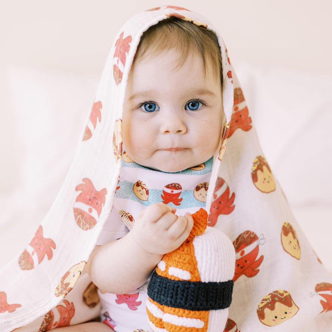 the wee bean organic cotton bandana baby bibs in takoyaki octopus balls and taiyaki fish sundae ice cream