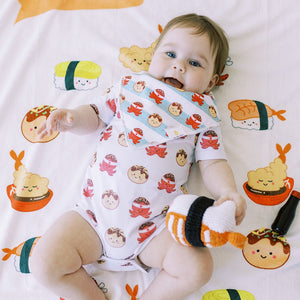 the wee bean cute baby in sushi collection wearing takoyaki bandana bib